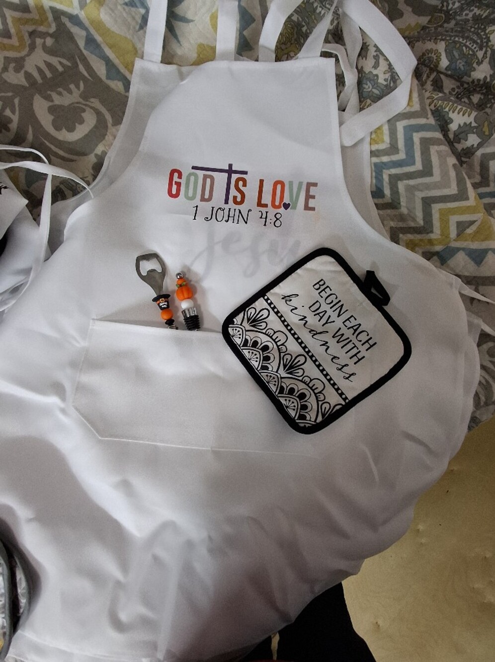 Kitchen Apron with Pot Holder and Bottle Openers